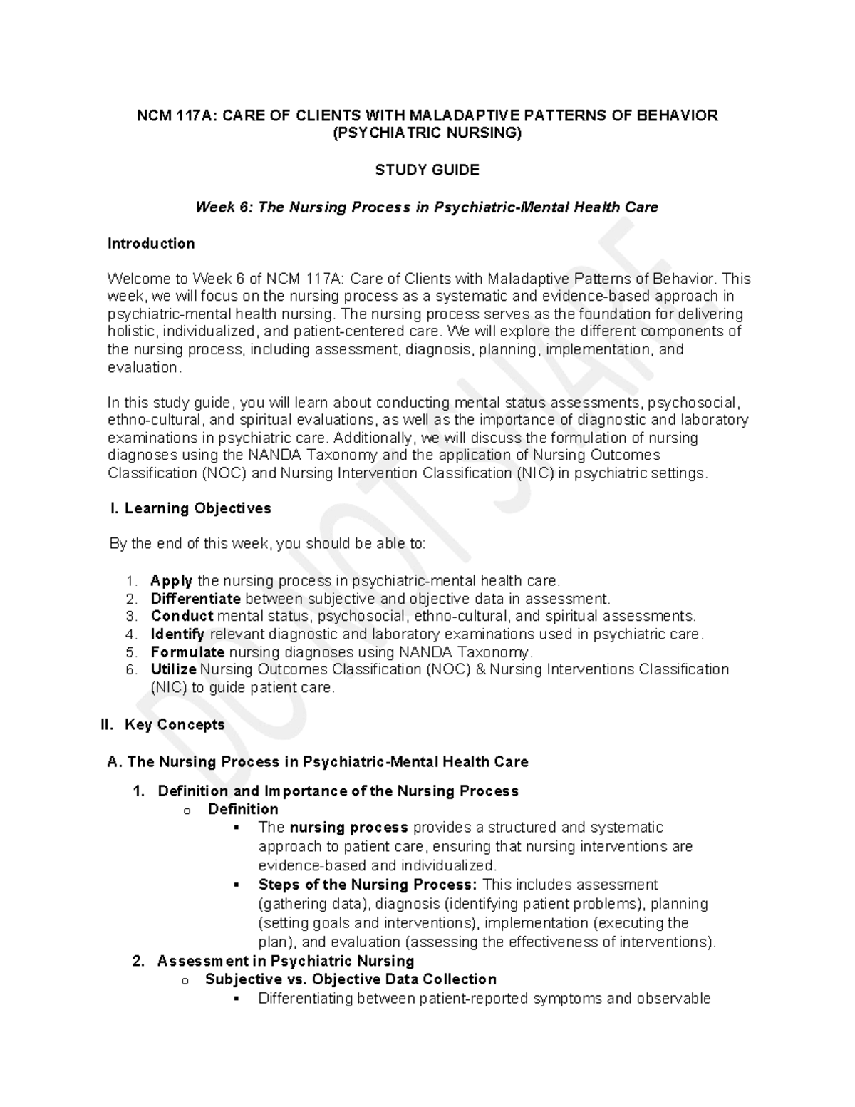 NCM 117A: Week 6 Study Guide on Nursing Process in Psychiatric Care ...