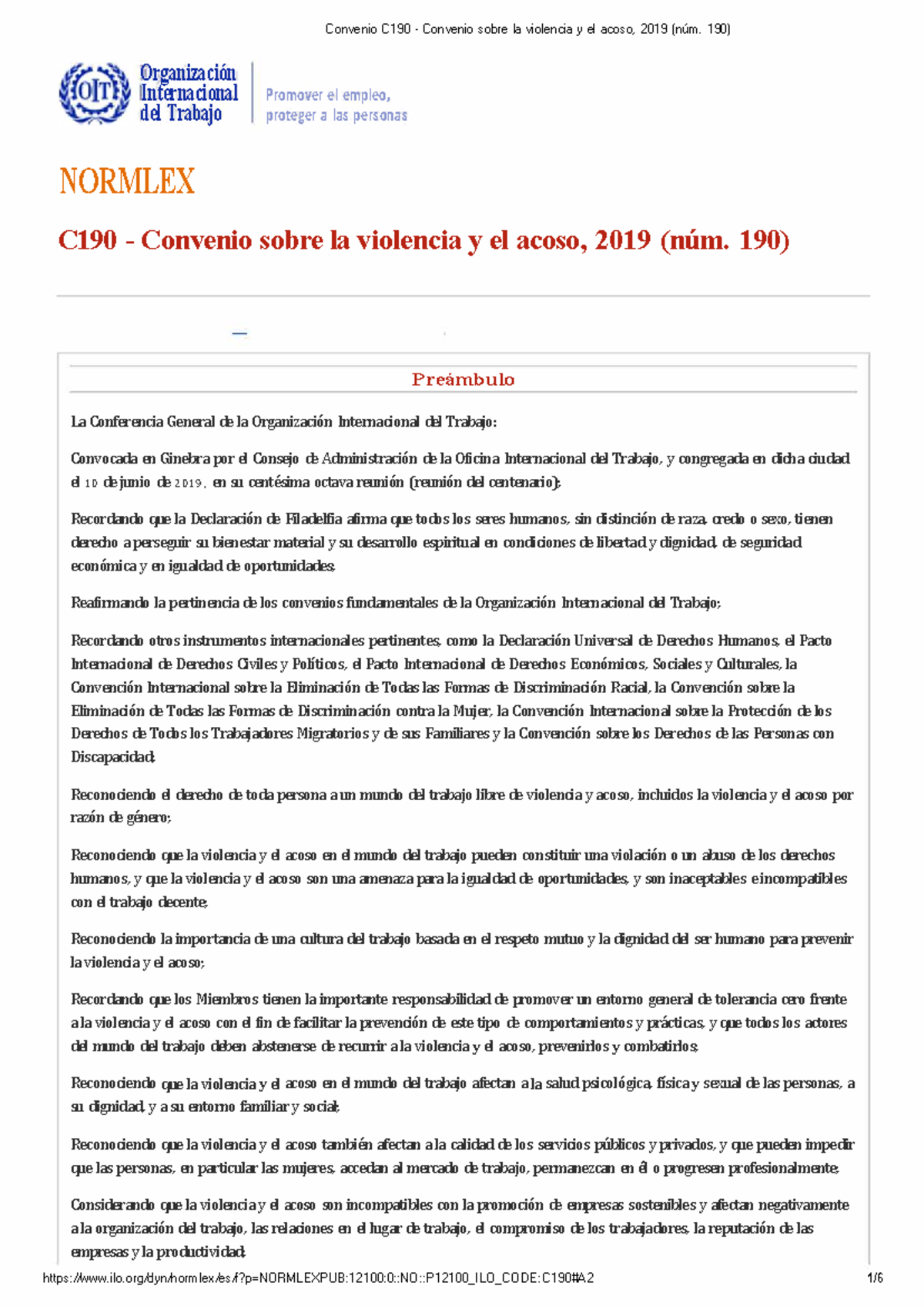 C190 - Convenio sobre la Violencia y el Acoso en el Trabajo 2019 - Studocu