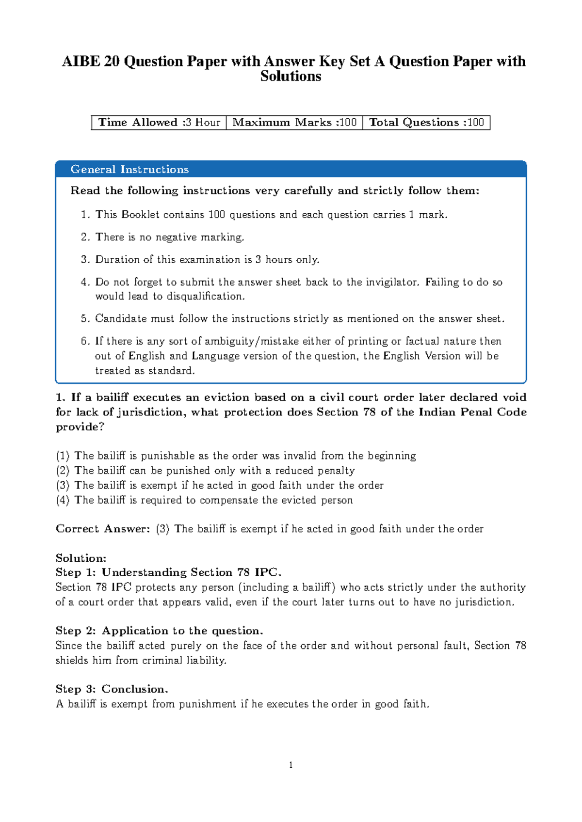 AIBE 25 Question Paper with Answer Key Set A: Solutions Included - Studocu