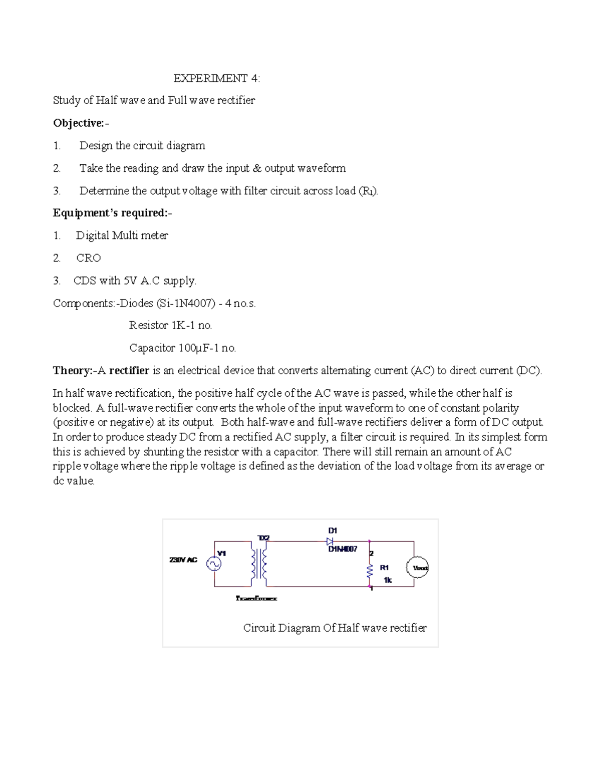 Experiment 4: Study of Half & Full Wave Rectifiers Setup and Analysis ...