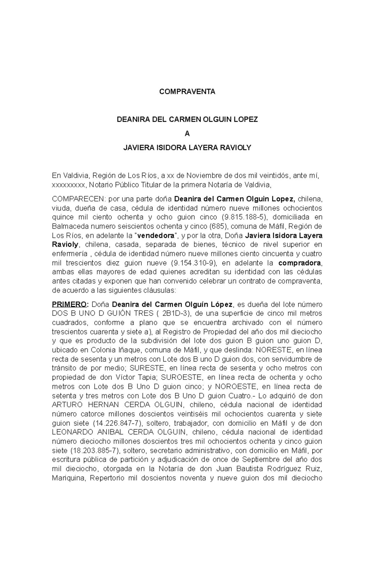 Contrato de Compraventa - Olguín a Layera en Valdivia - Studocu