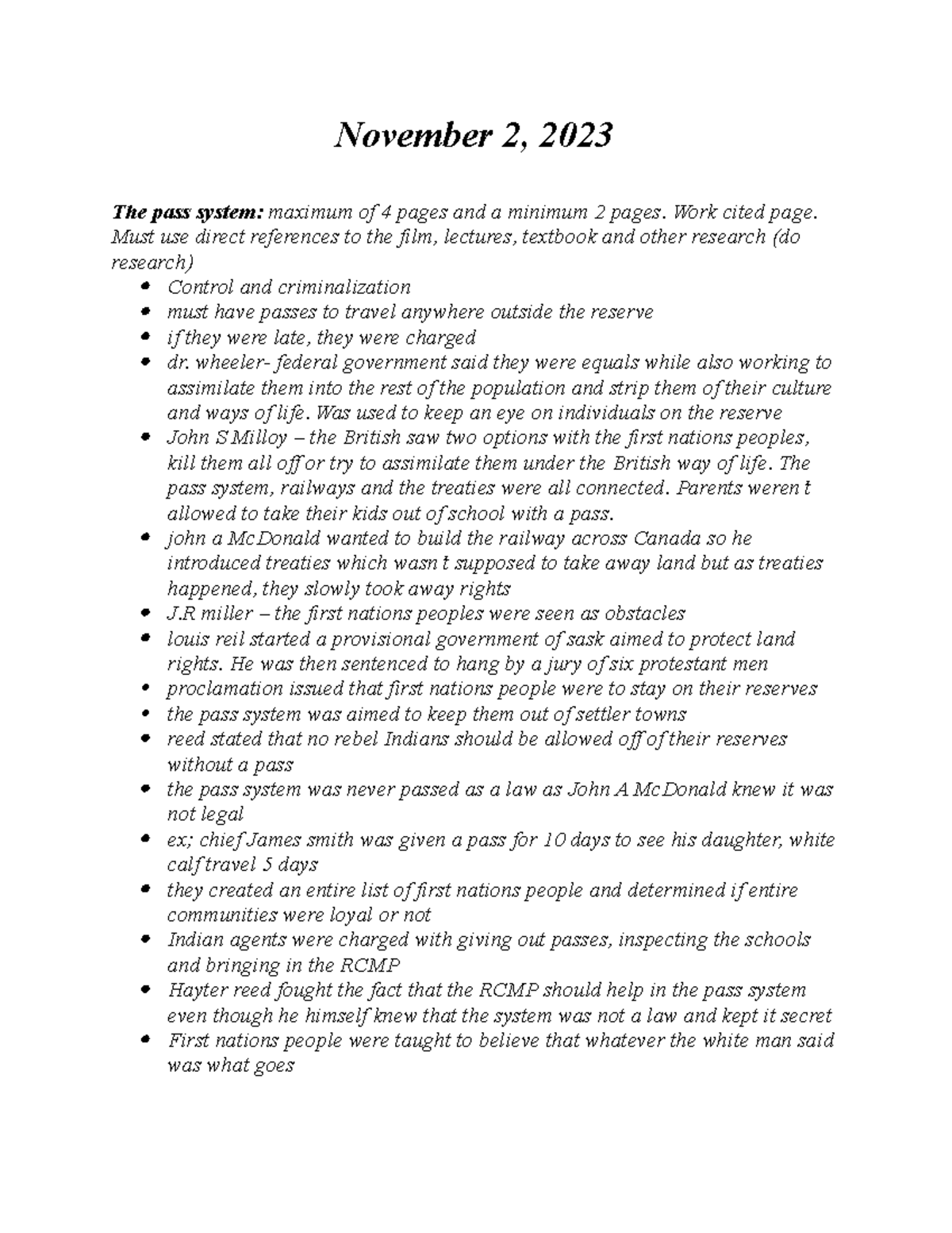 The Pass System and Its Impact on First Nations: Notes (Nov 2) - Studocu