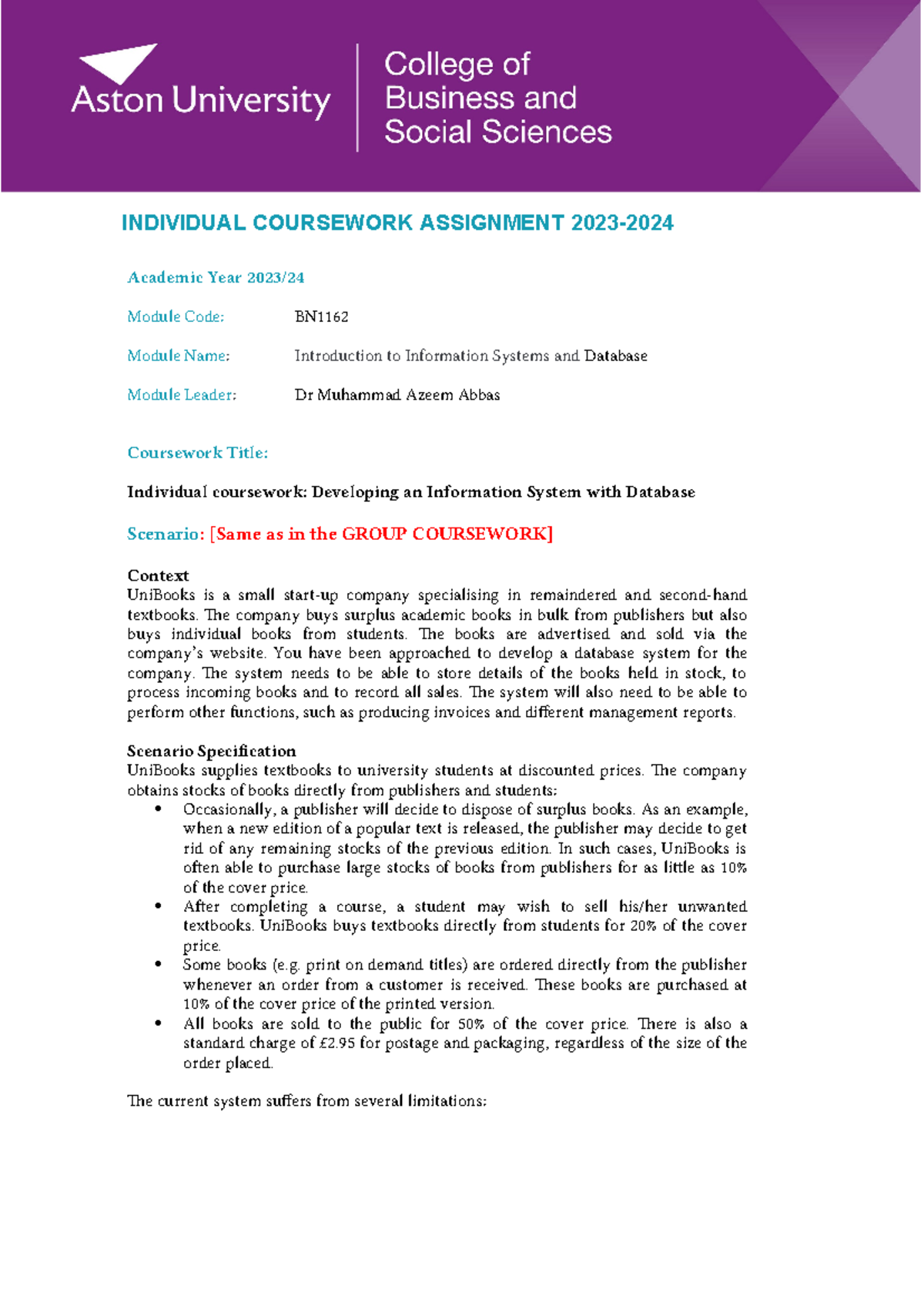 BN1162 Individual Coursework 2024 25 - Academic Year 2023/ Module Code ...