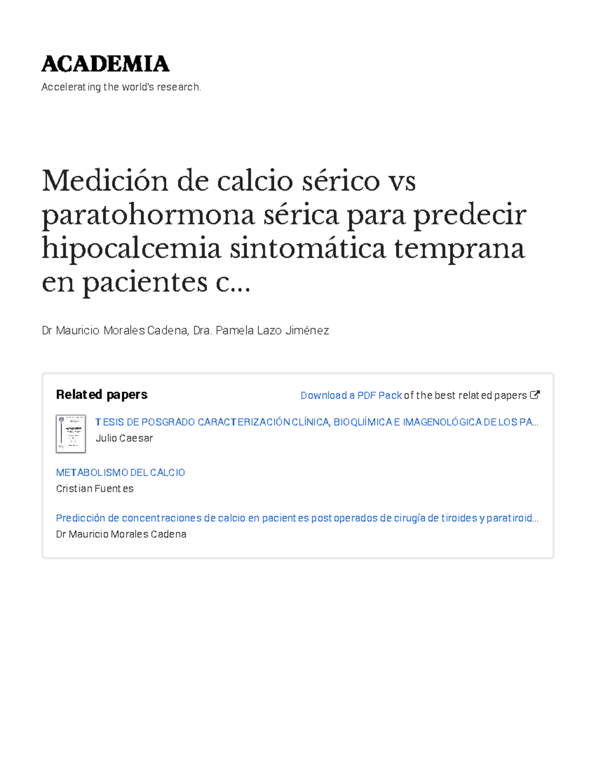 Medicion de Ca serico vs PTH para predecir hipocalcemia sintomatica ...