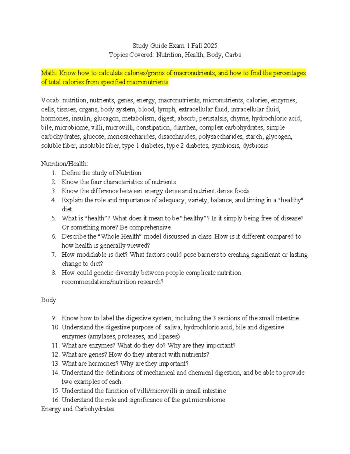 Study Guide for Nutrition & Health Exam 1 (Fall 2025) Topics & Concepts ...