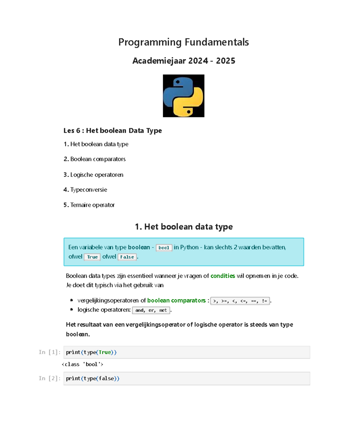 Programming Fundamentals 2024-2025: Les 6 - Boolean Data Type - Studocu