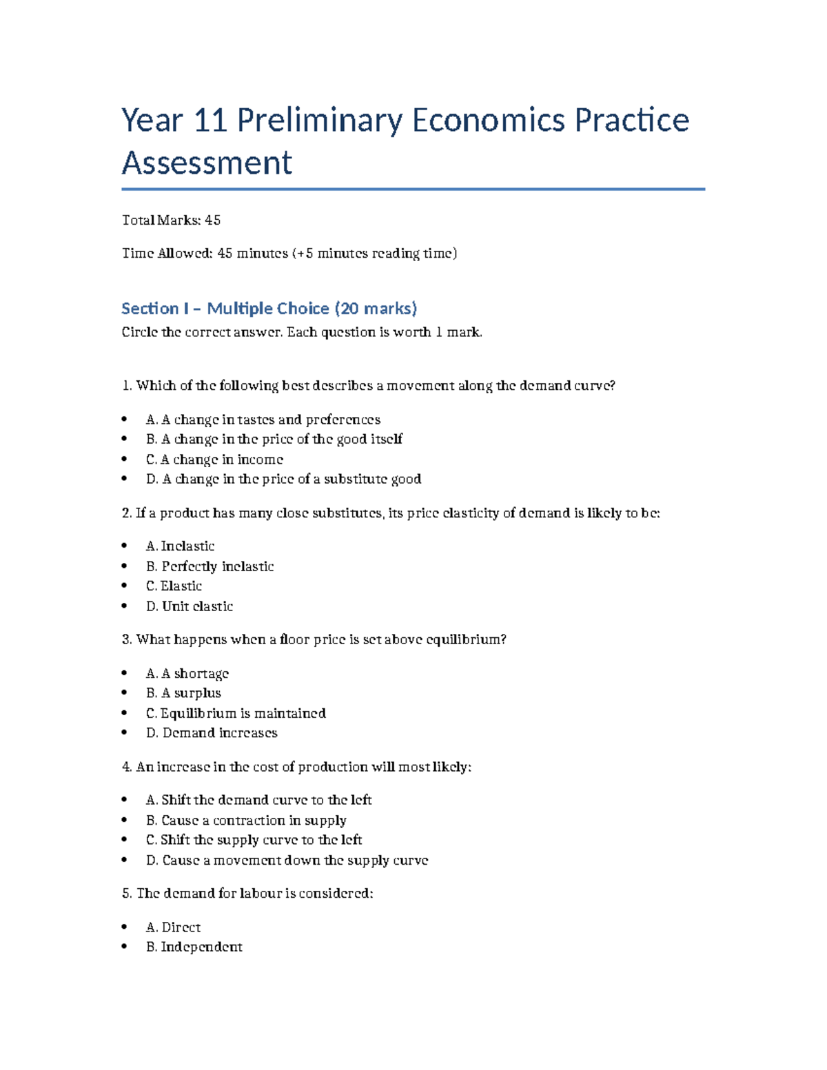 Year 11 Preliminary Economics Practice Assessment Test - Studocu