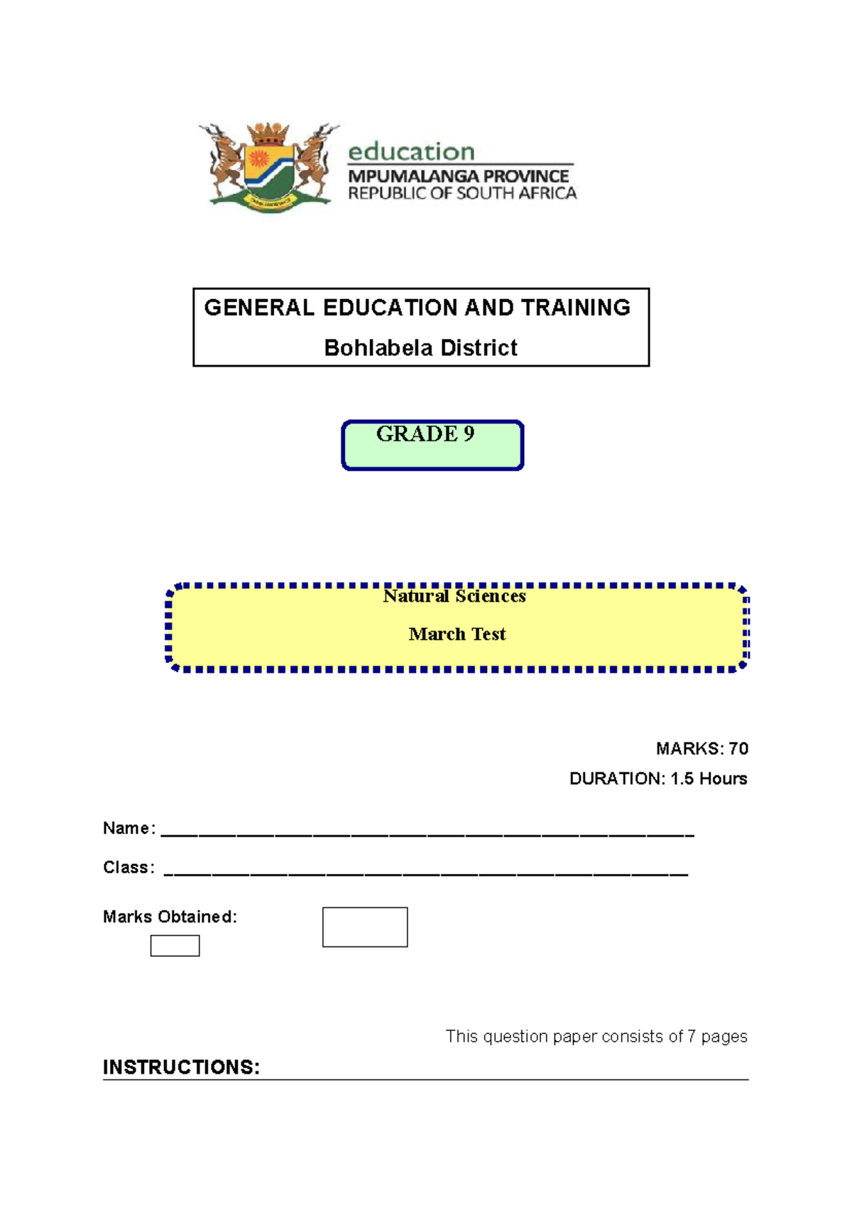 NS Grade 9 March test 2024: Natural sciences assessment paper - Studocu