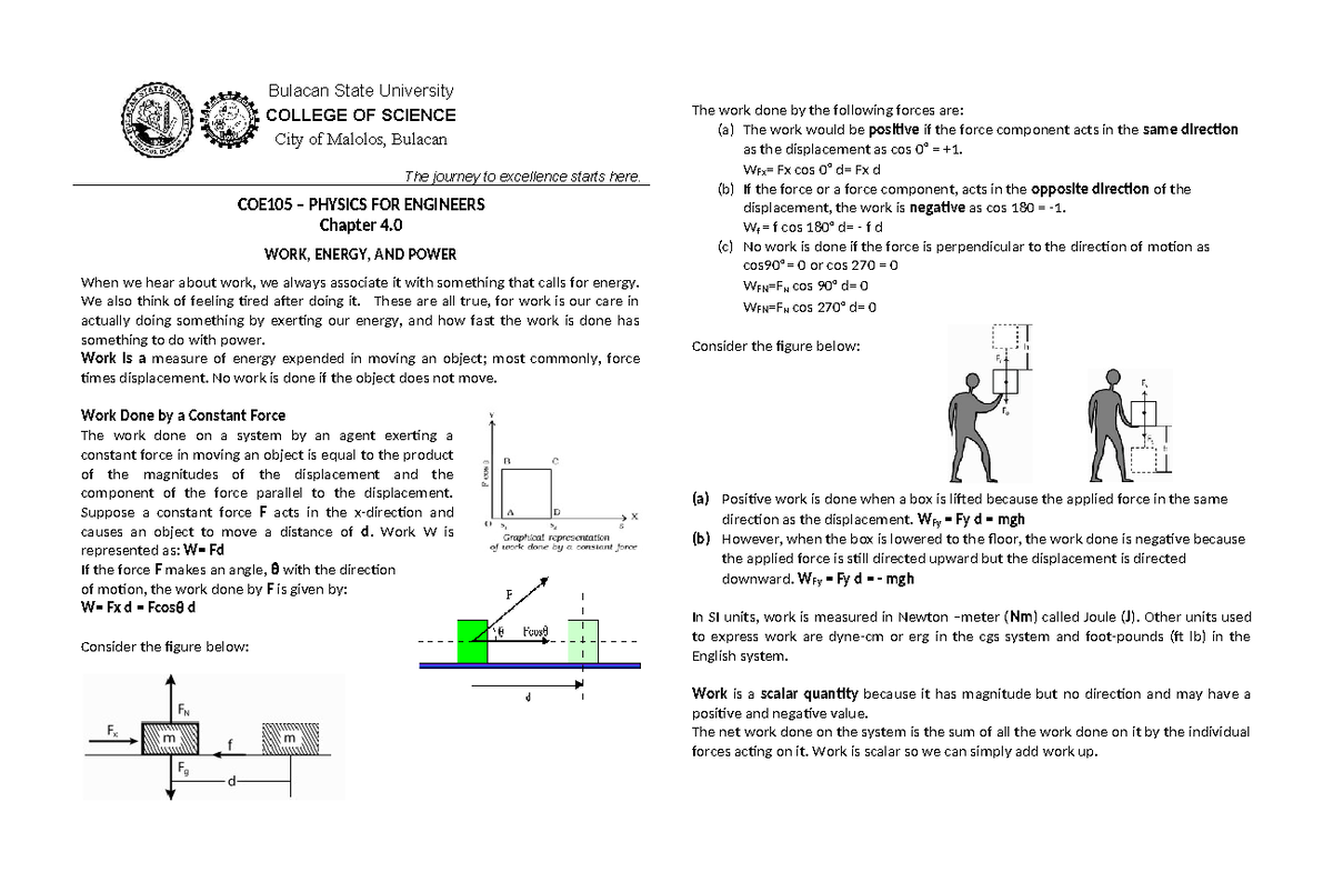 COE105 PHYSICS FOR ENGINEERS Chapter 4: Work, Energy, and Power Notes - Document Preview