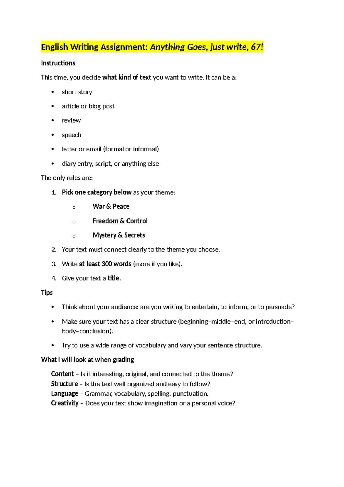 ENG 67: Creative Writing Assignment Instructions and Guidelines ...