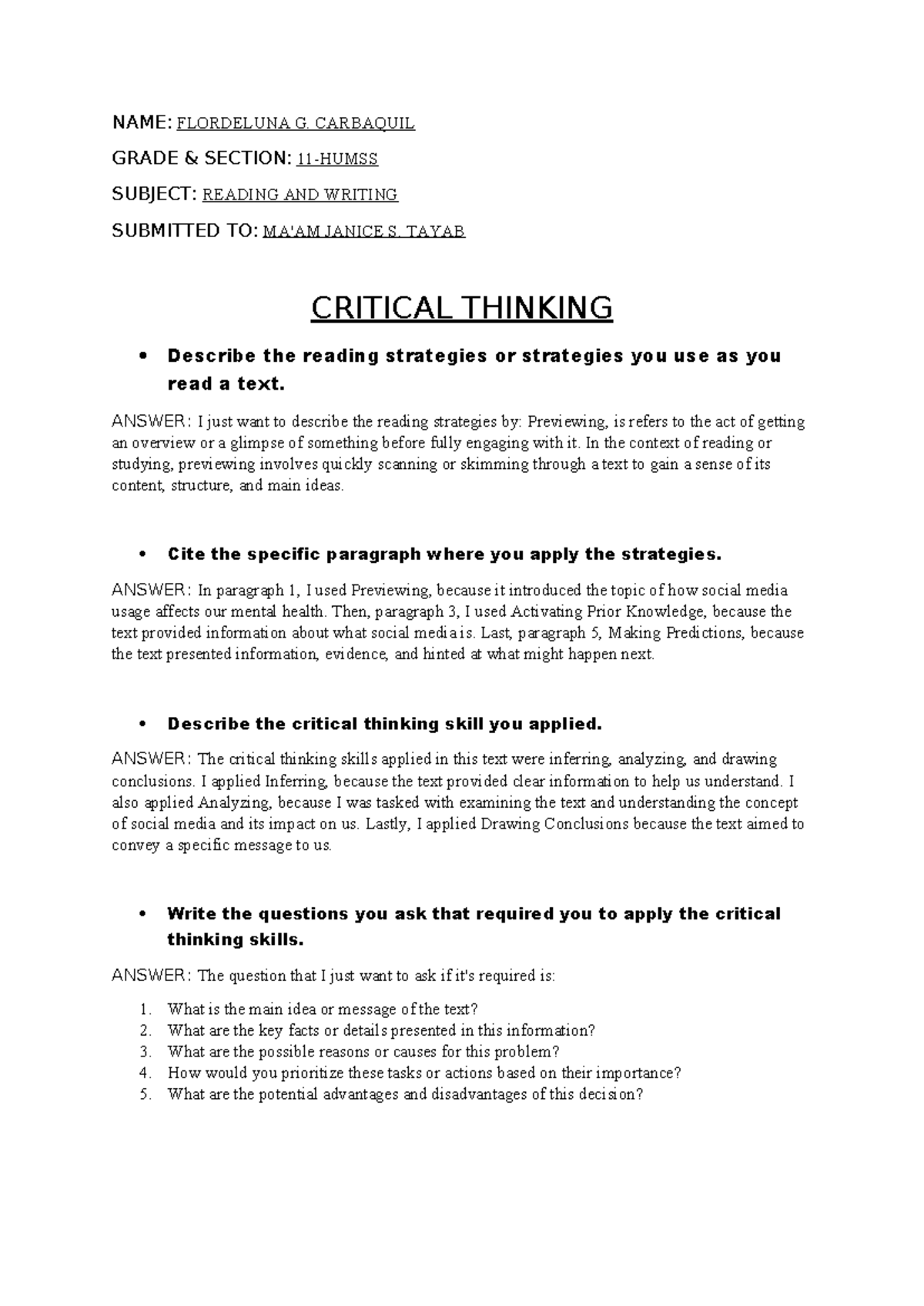 Reviewer for exam: Reading and writing strategies and critical thinking ...