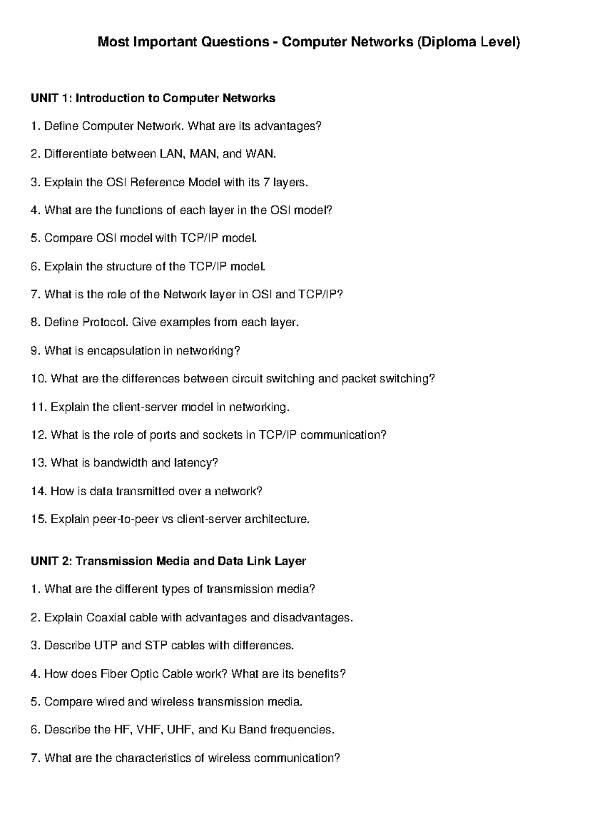 Diploma Level Computer Networks: Key Questions & Concepts - Studocu