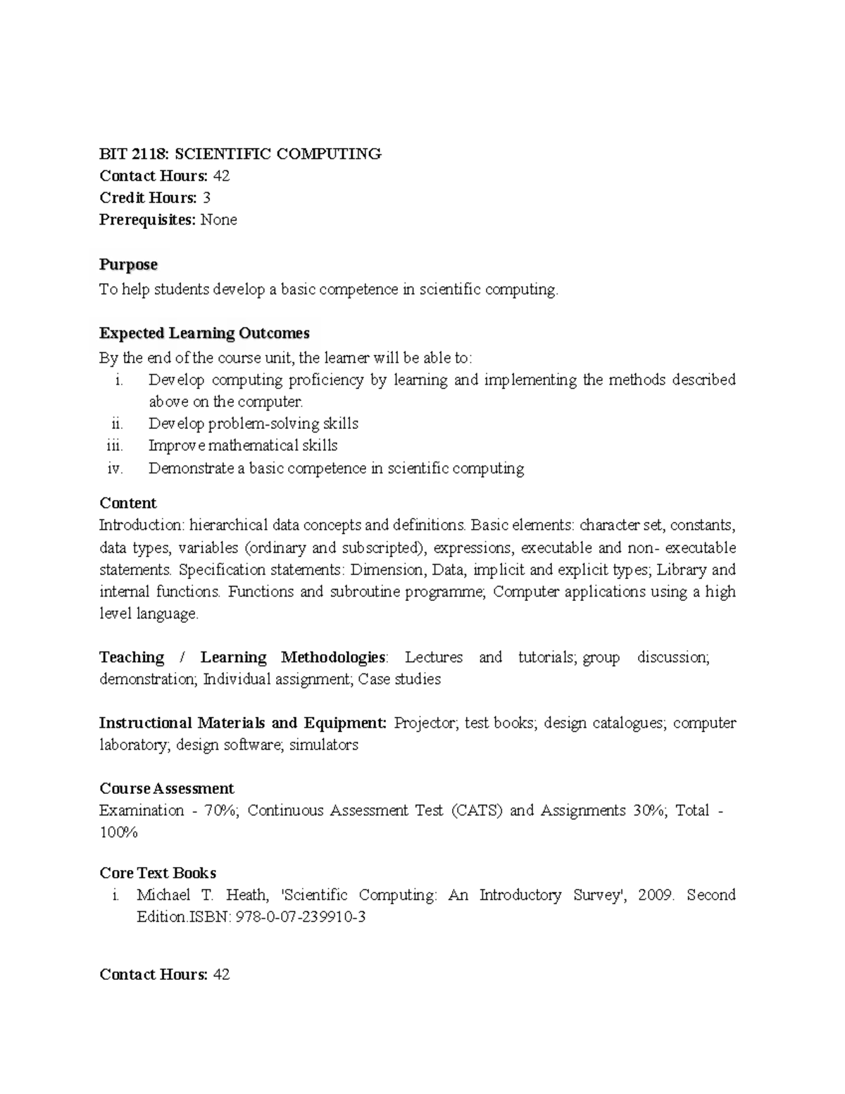 BIT 2118: Scientific Computing Course Overview and Learning Outcomes ...