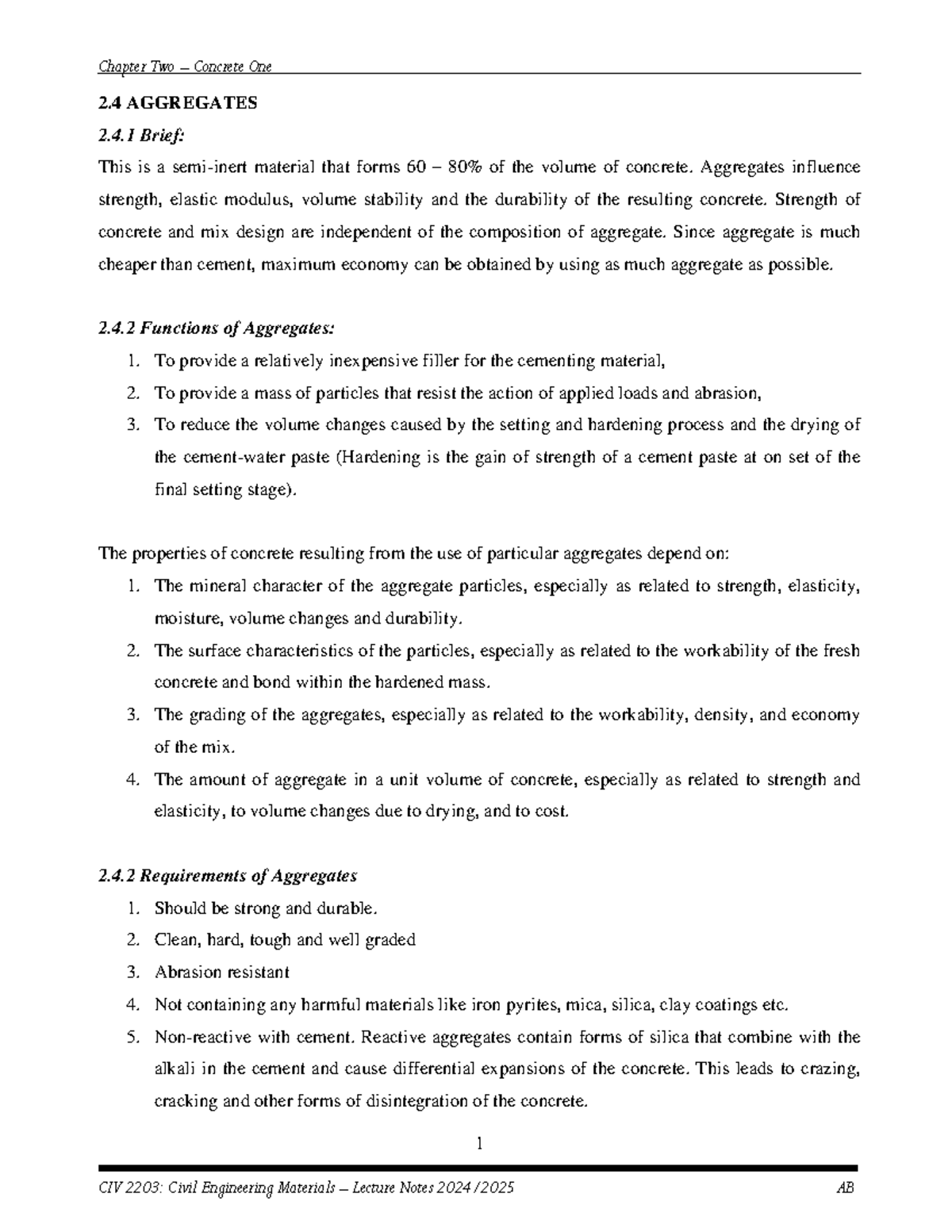 CIV 2203: Civil Engineering Materials Lecture Notes - Chapter Two ...