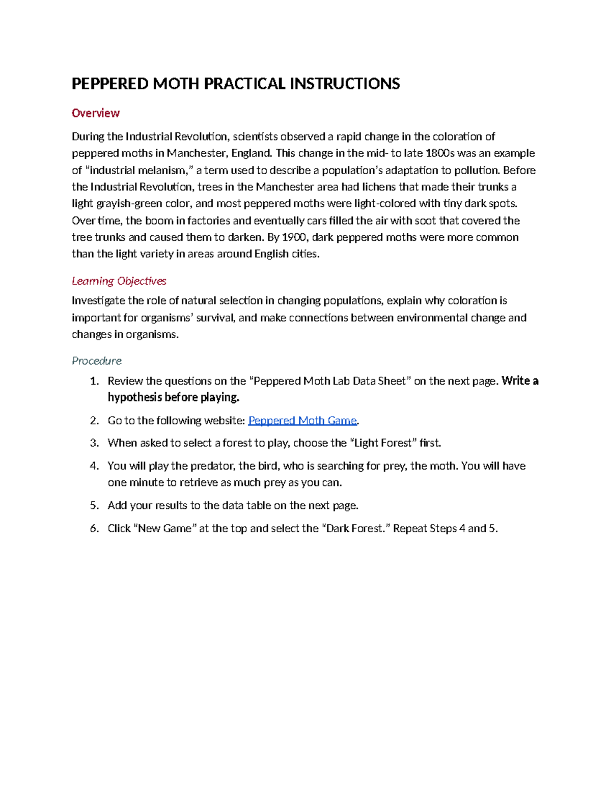 PEPPERED MOTH LAB INSTRUCTIONS & DATA SHEET - Studocu