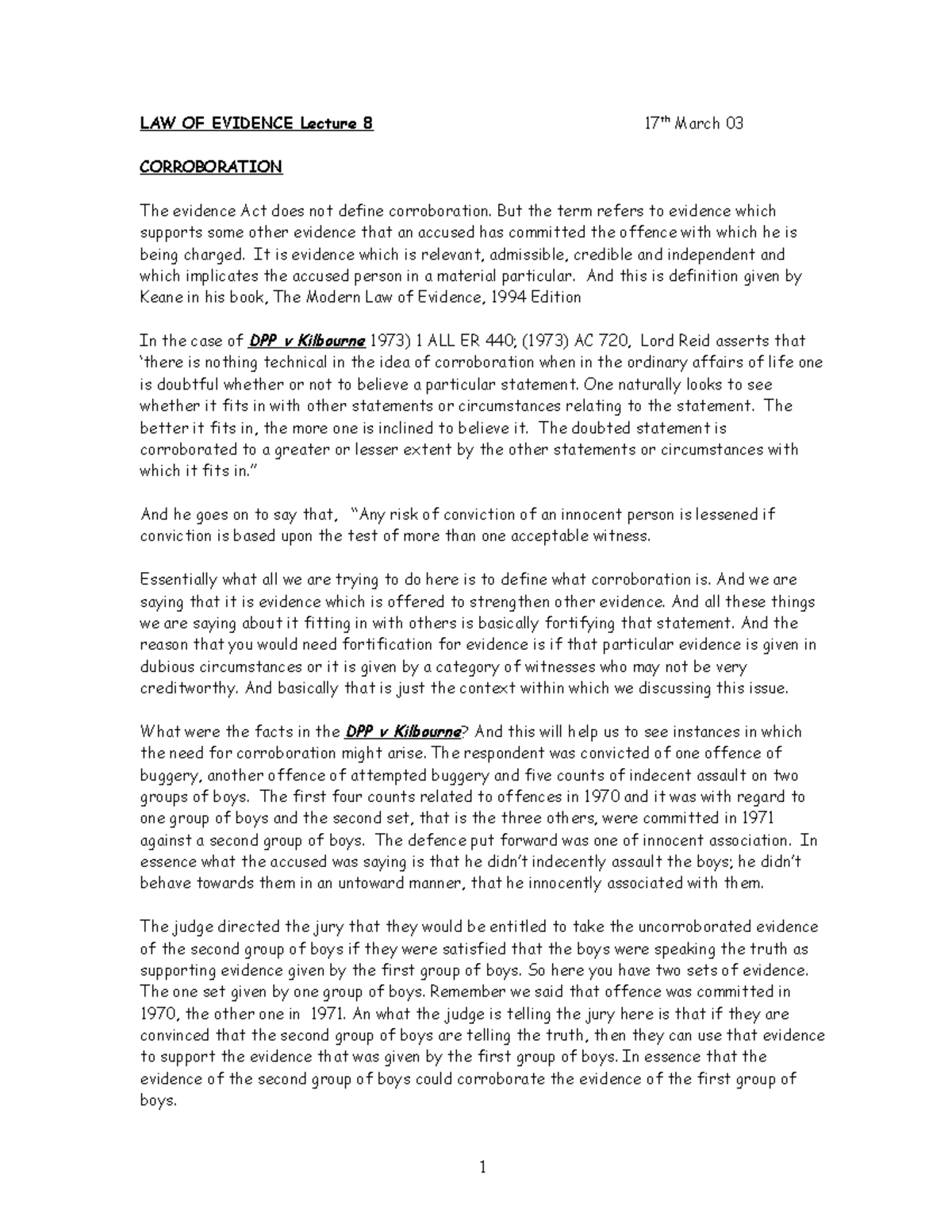 LAW OF EVIDENCE Lecture 8: Understanding Corroboration in Criminal ...