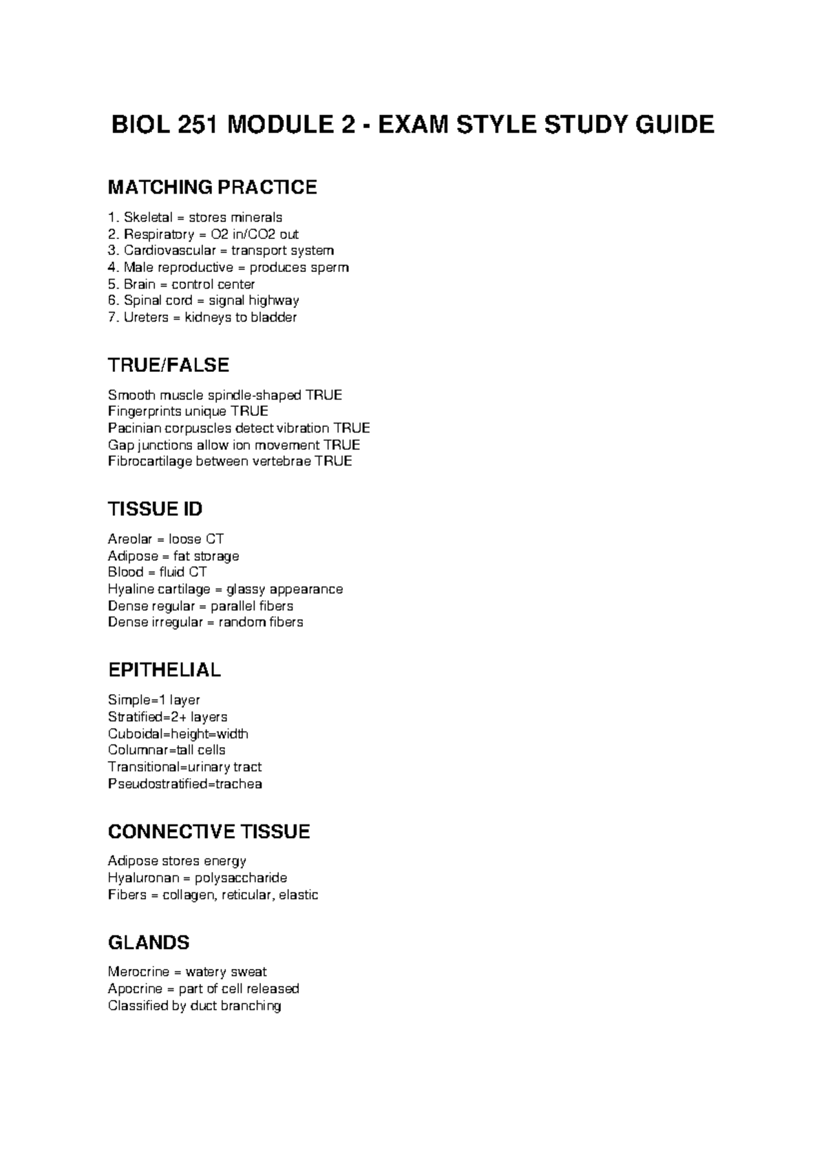 BIOL 251 Module 2 Exam Style Study Guide: Matching Practice - Studocu