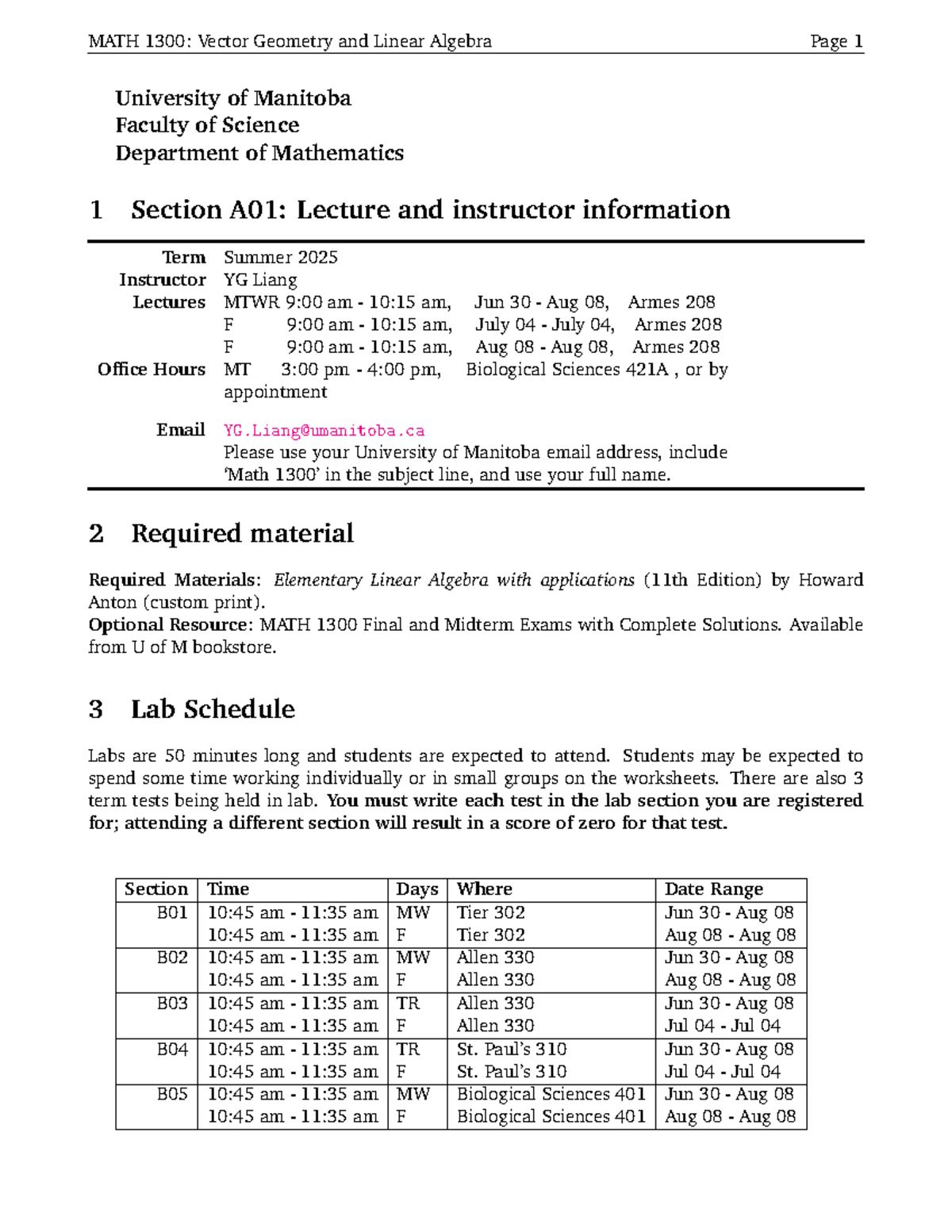 MATH 1300: Summer 2025 Course Outline for Vector Geometry & Linear ...
