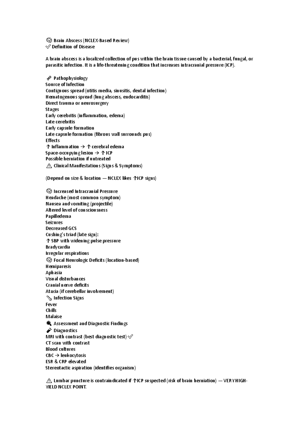 Brain Abscess Review: Key Points for NCLEX Success - Studocu