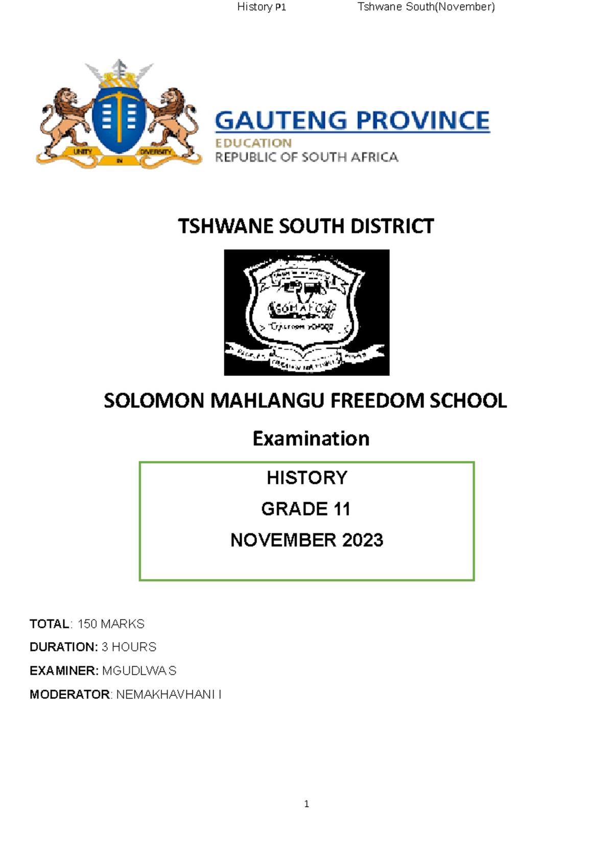 Grade 11 History Exam Questions - November 2023 (Total: 150 Marks ...