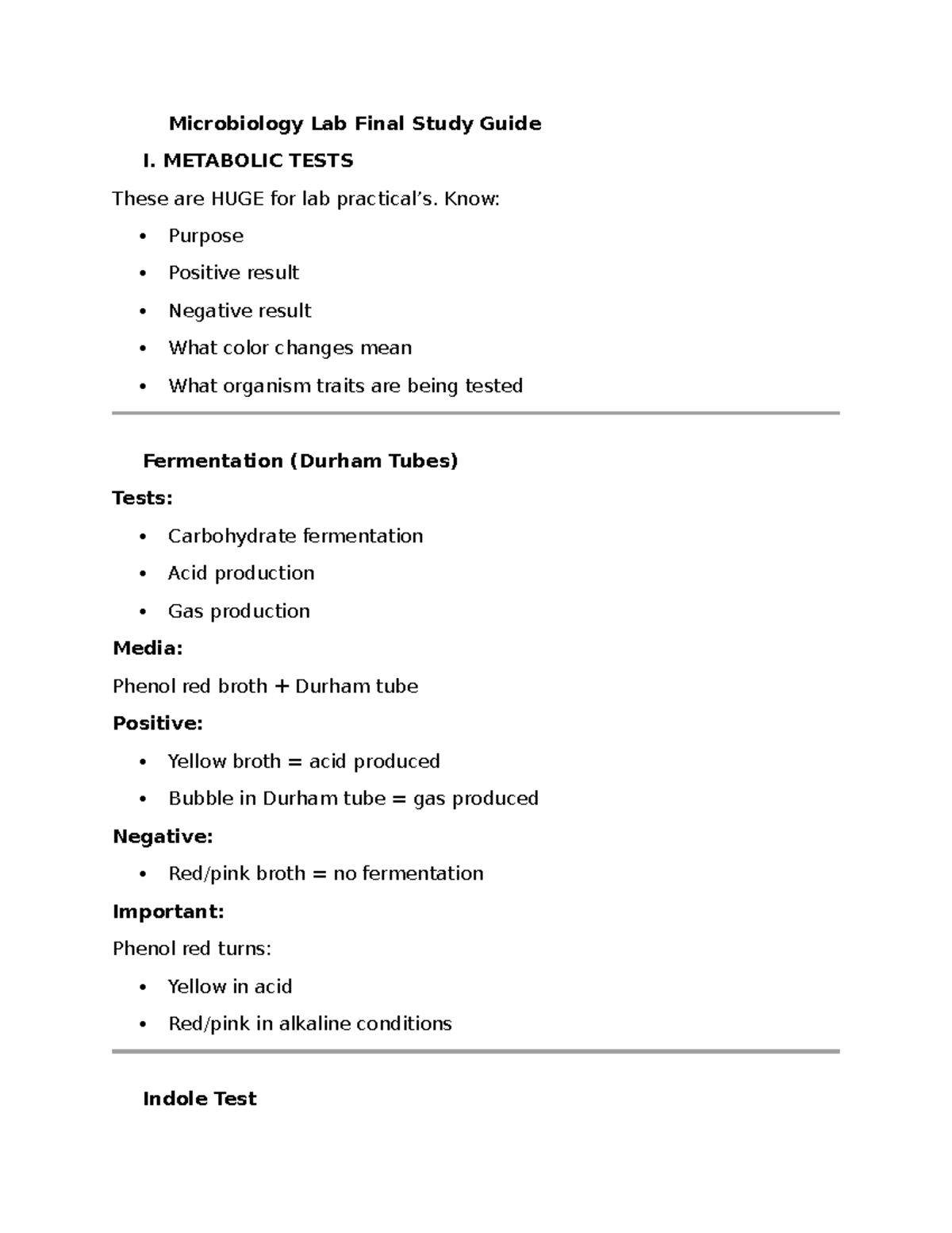 Microbiology Lab Final Study Guide I: Metabolic Tests & Key Concepts ...