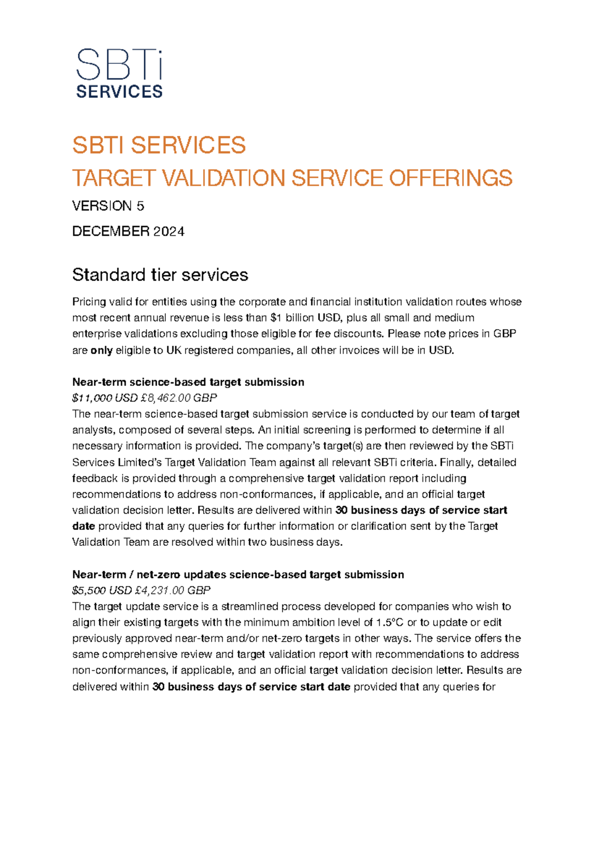SBTI Target Validation Services Overview - Version 5 (Dec 2024) - Studocu