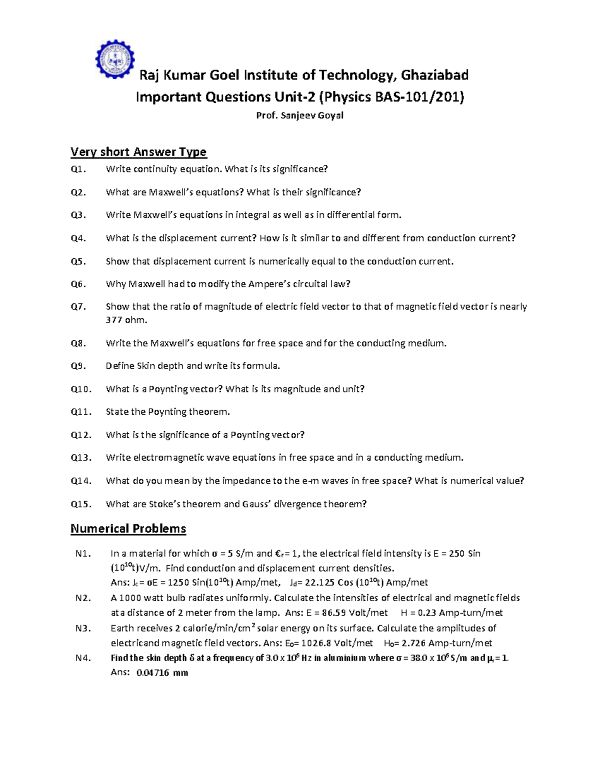 Important Questions for Physics BAS-101: Unit-2 Q&A Guide - Studocu