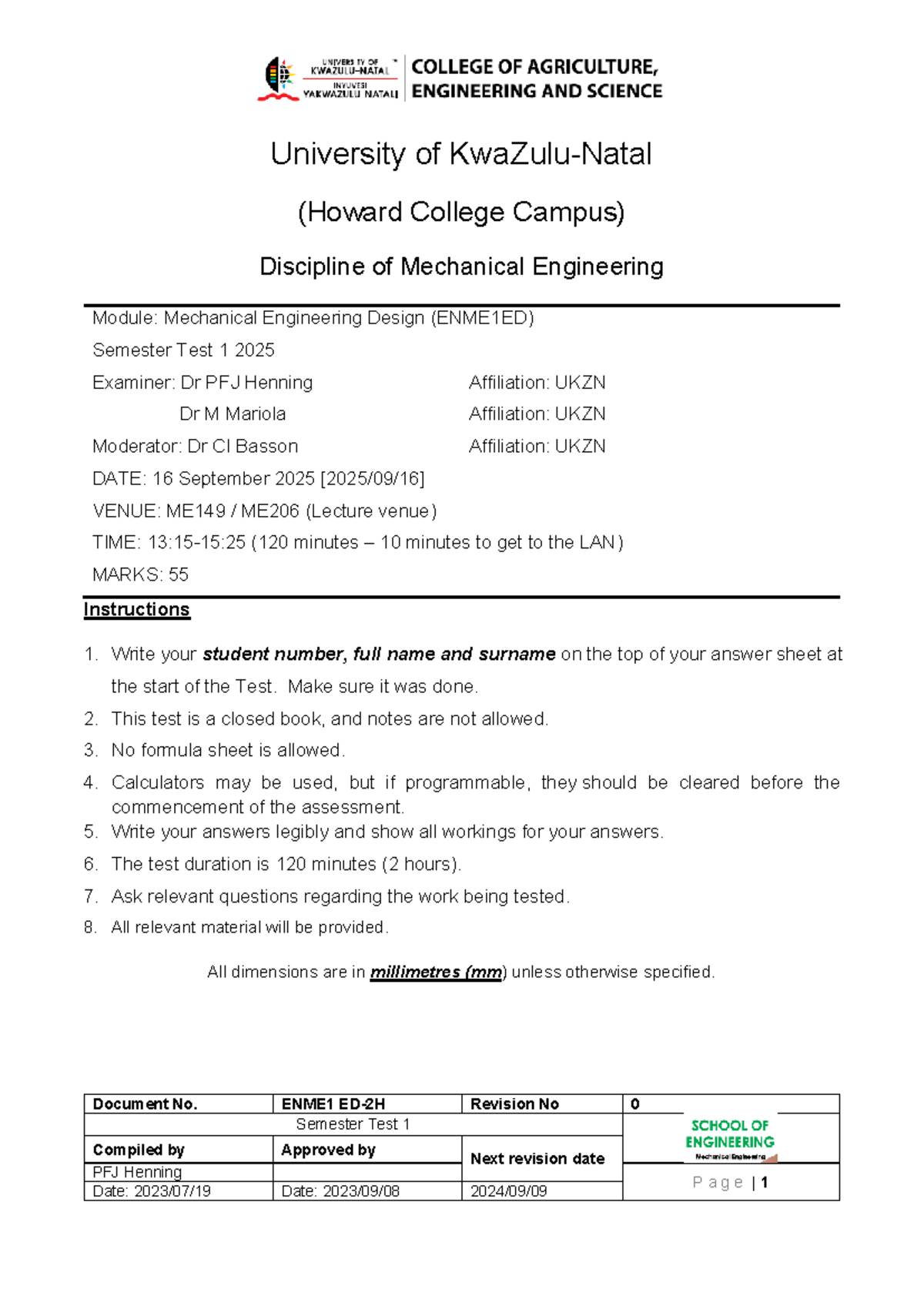 ENME1ED Semester Test 1 Memo 2025 - Mechanical Engineering Design - Studocu