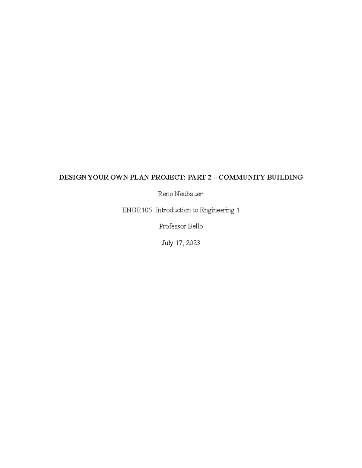 ENGR105 Final Project: Design Your Own Plan - Community Building - Studocu