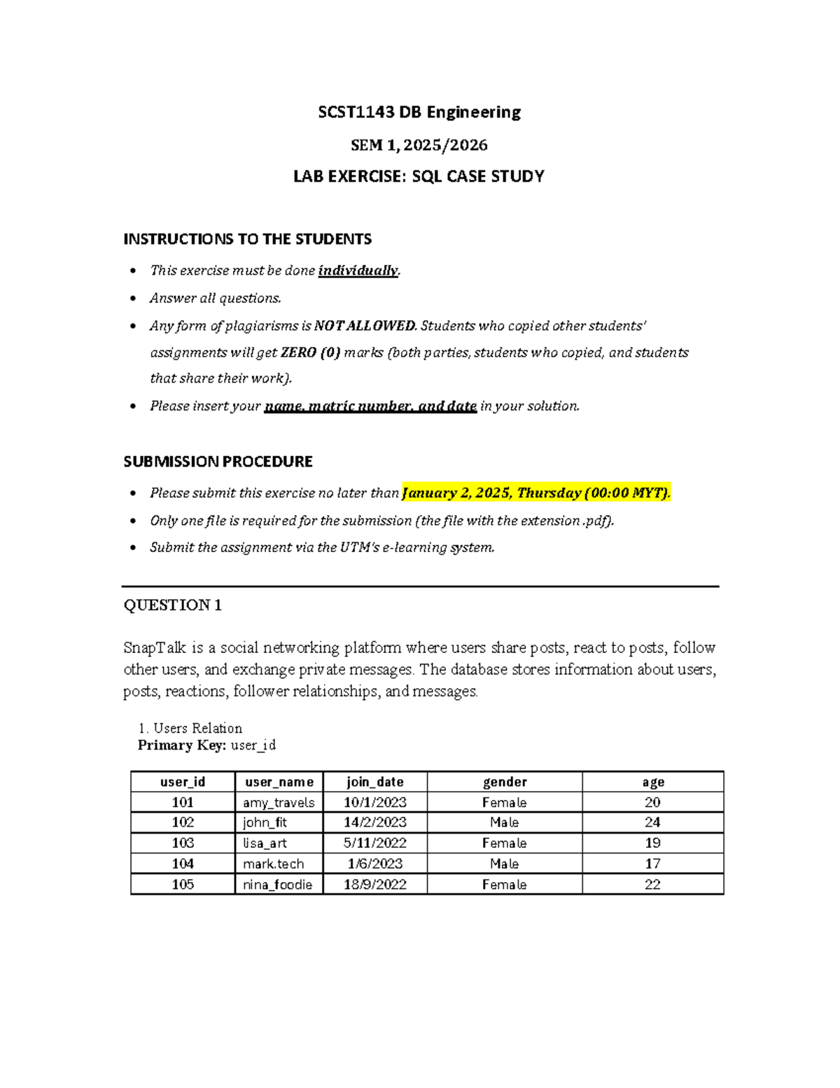 SCST1143 DB Engineering SEM 1, SQL Case Study Lab Exercise - Studocu