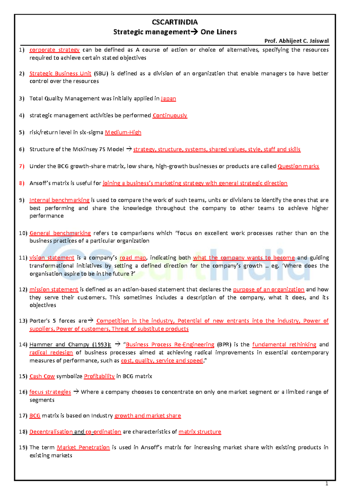 CSCARTINDIA Strategic Management One Liners - Notes for CS Executive ...