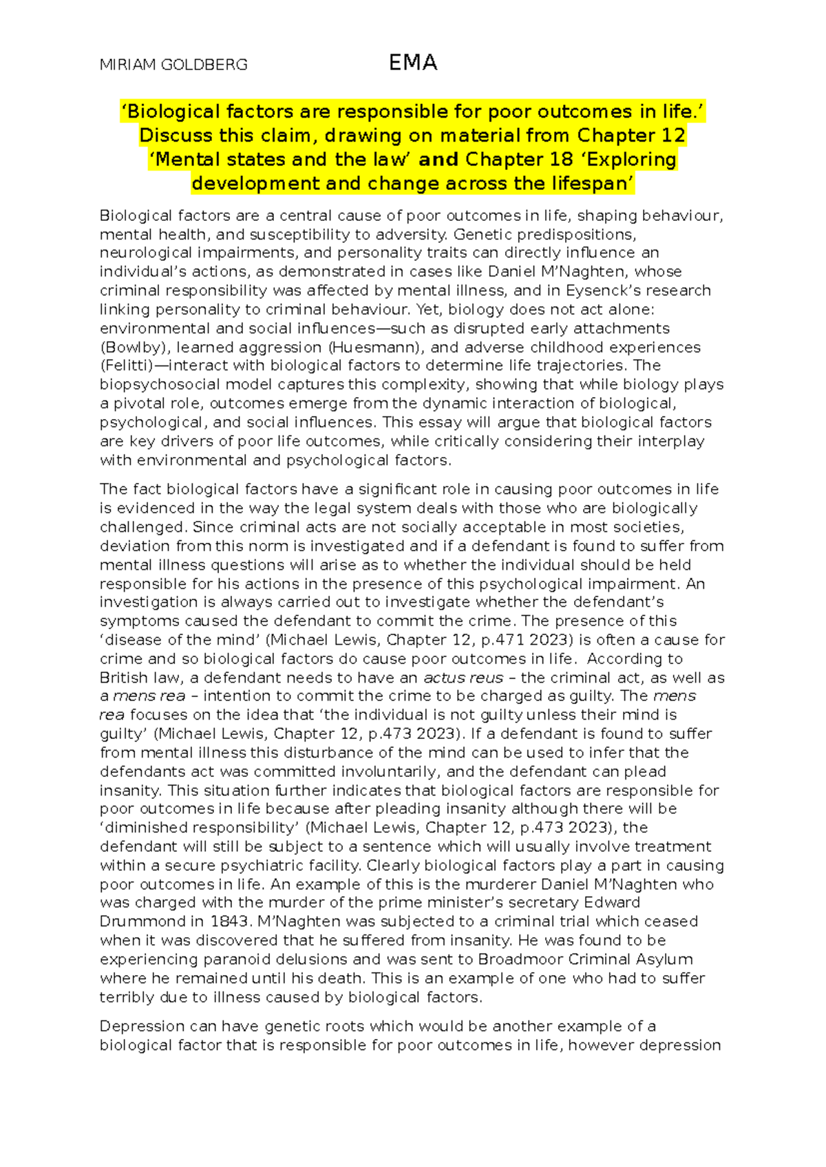 MIRIAM GOLDBERG EMA: Biological Factors and Poor Life Outcomes - Studocu