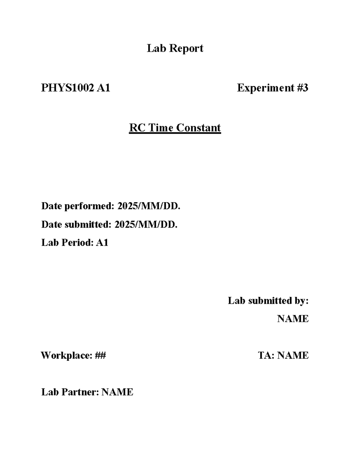 RC time constant experiment report for PHYS1002 A1 lab - Studocu