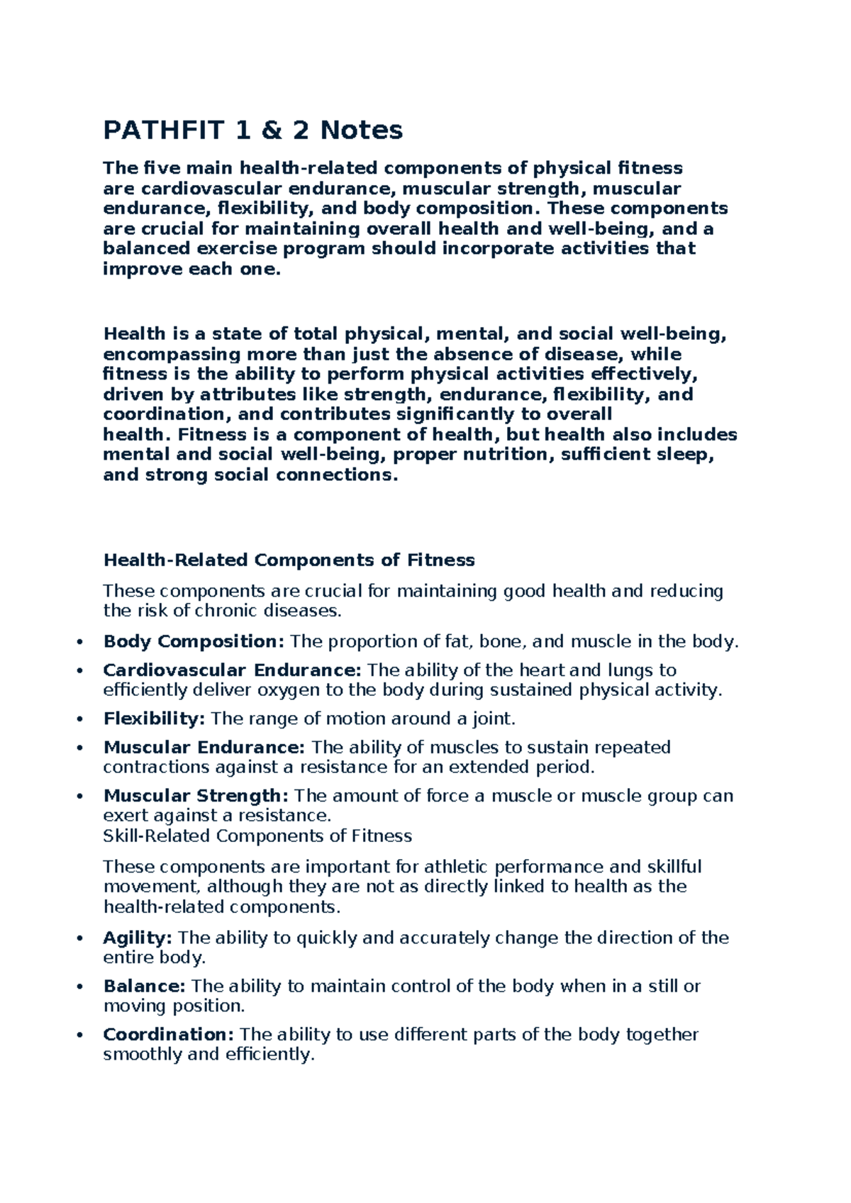 PATHFIT 1 & 2: Key Components of Physical Fitness and Wellness - Studocu