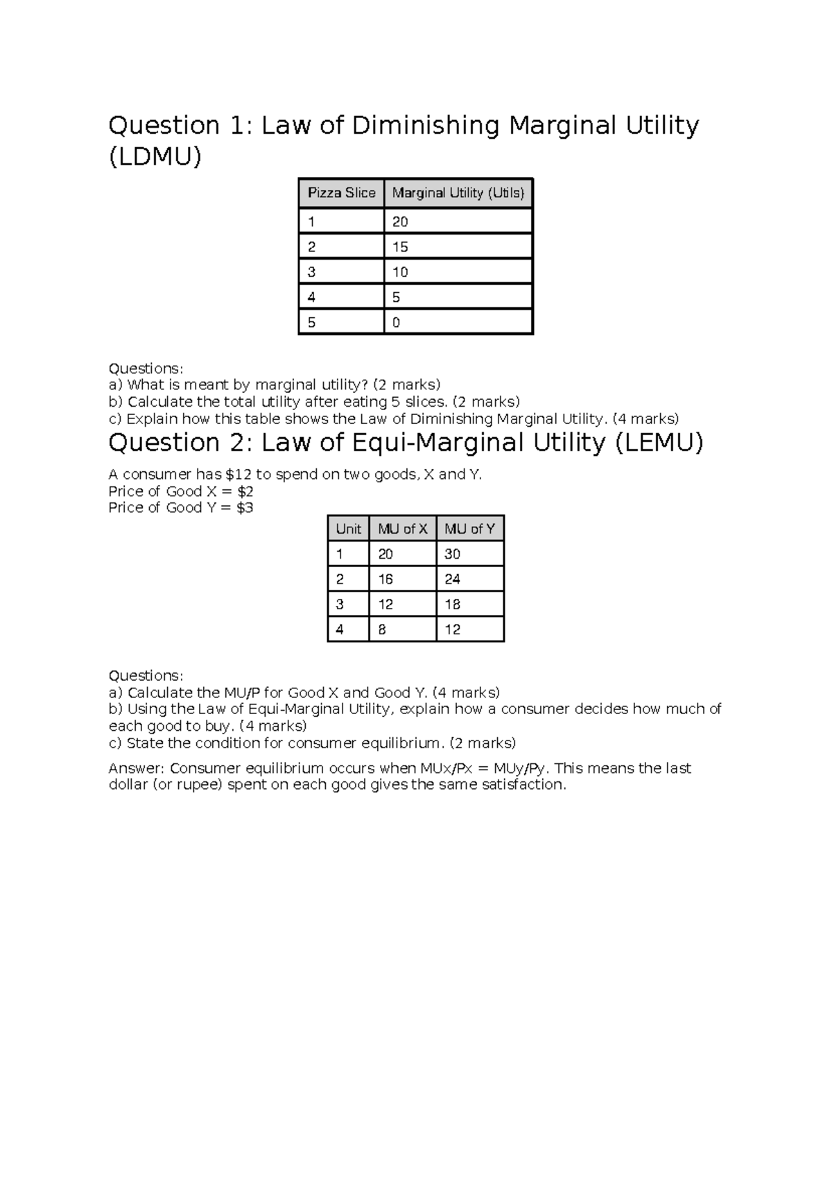 Economics LDMU & LEMU Questions: Marginal Utility Analysis - Studocu