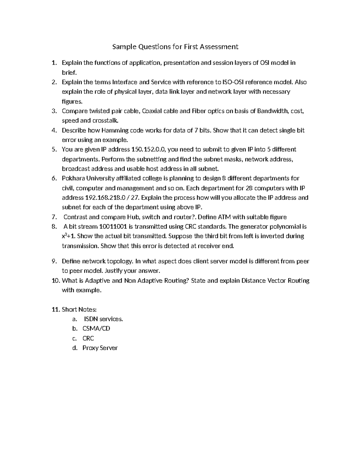 CN - Sample Questions for First Assessment on OSI Model and Networking ...