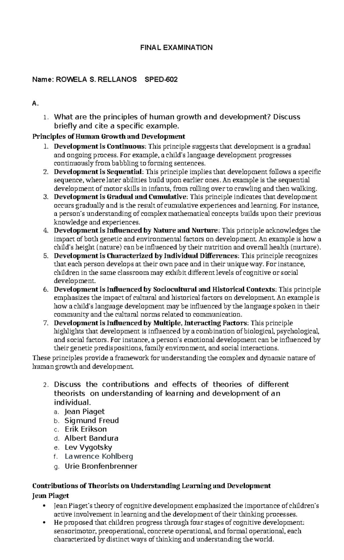 FINAL EXAMINATION IN SPED 602: Principles of Human Growth & Development ...