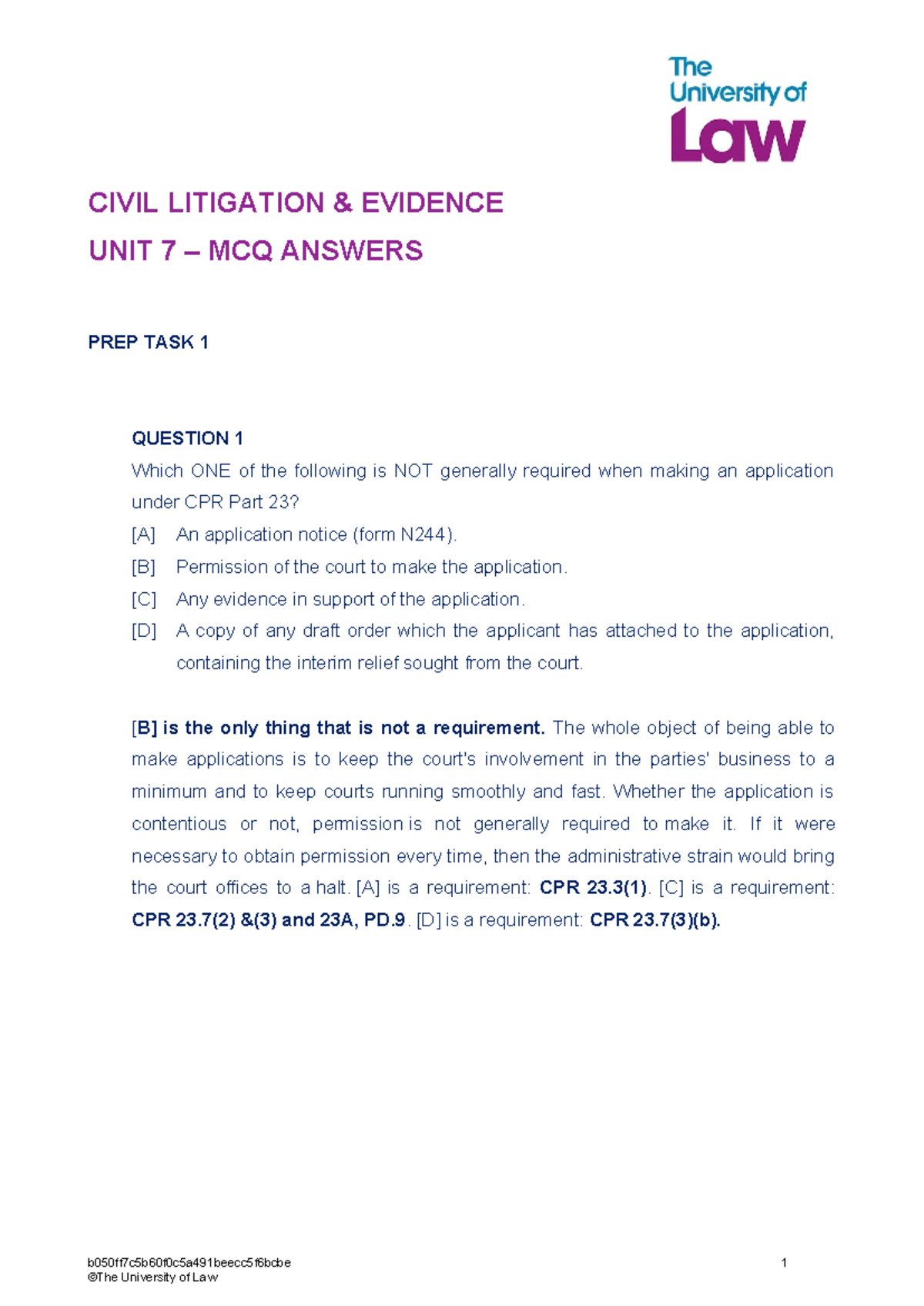 CIVIL LITIGATION & EVIDENCE (COURSE CODE) UNIT 7: MCQ ANSWERS - Studocu