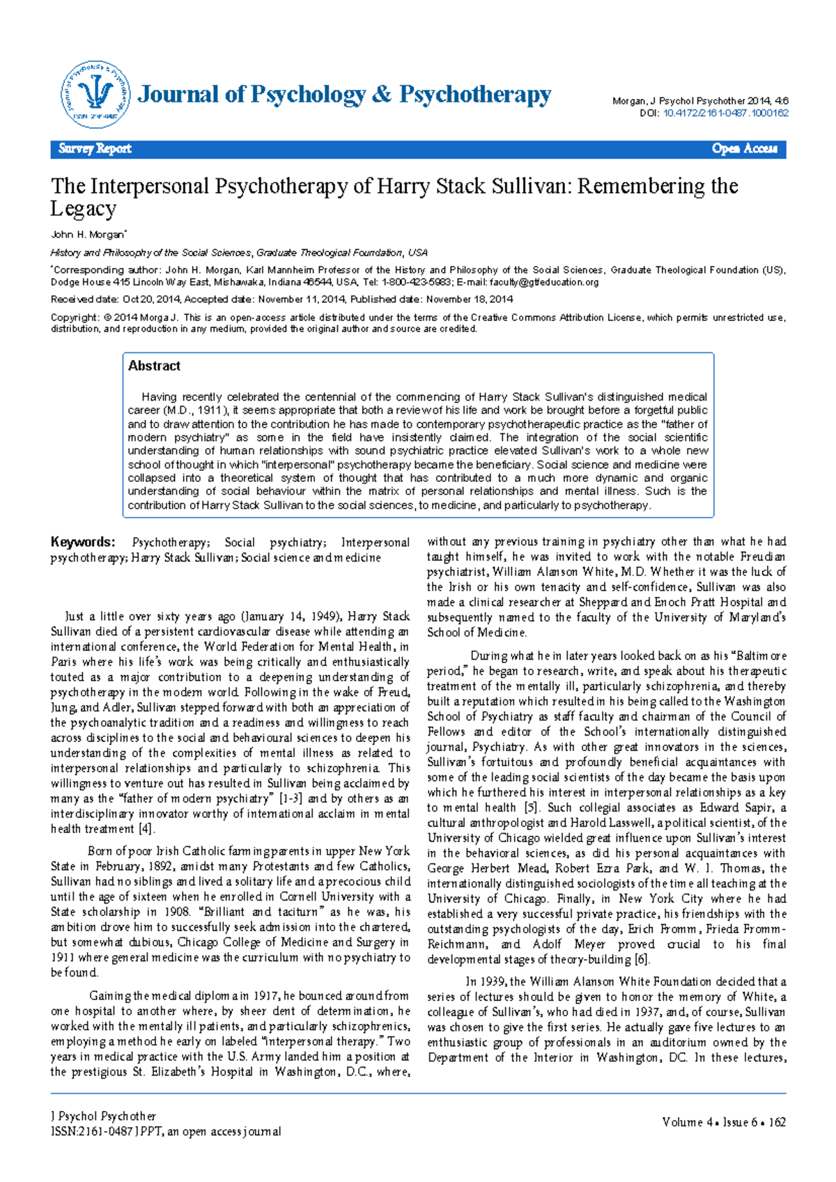 The Legacy of Harry Stack Sullivan's Interpersonal Psychotherapy: 2161 ...