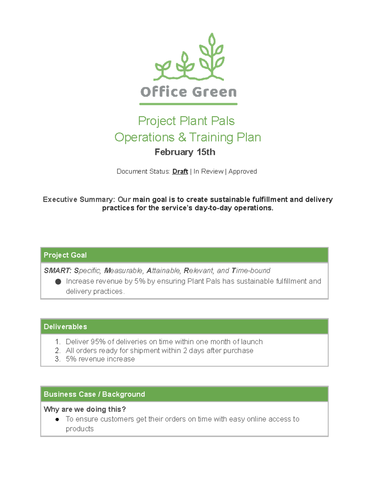 Plant Pals Project Charter Template: Operations & Training Plan - Studocu