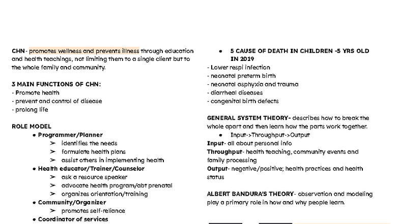 CHN LEC RLE Reviewer: Key Concepts in Community Health Nursing - Studocu