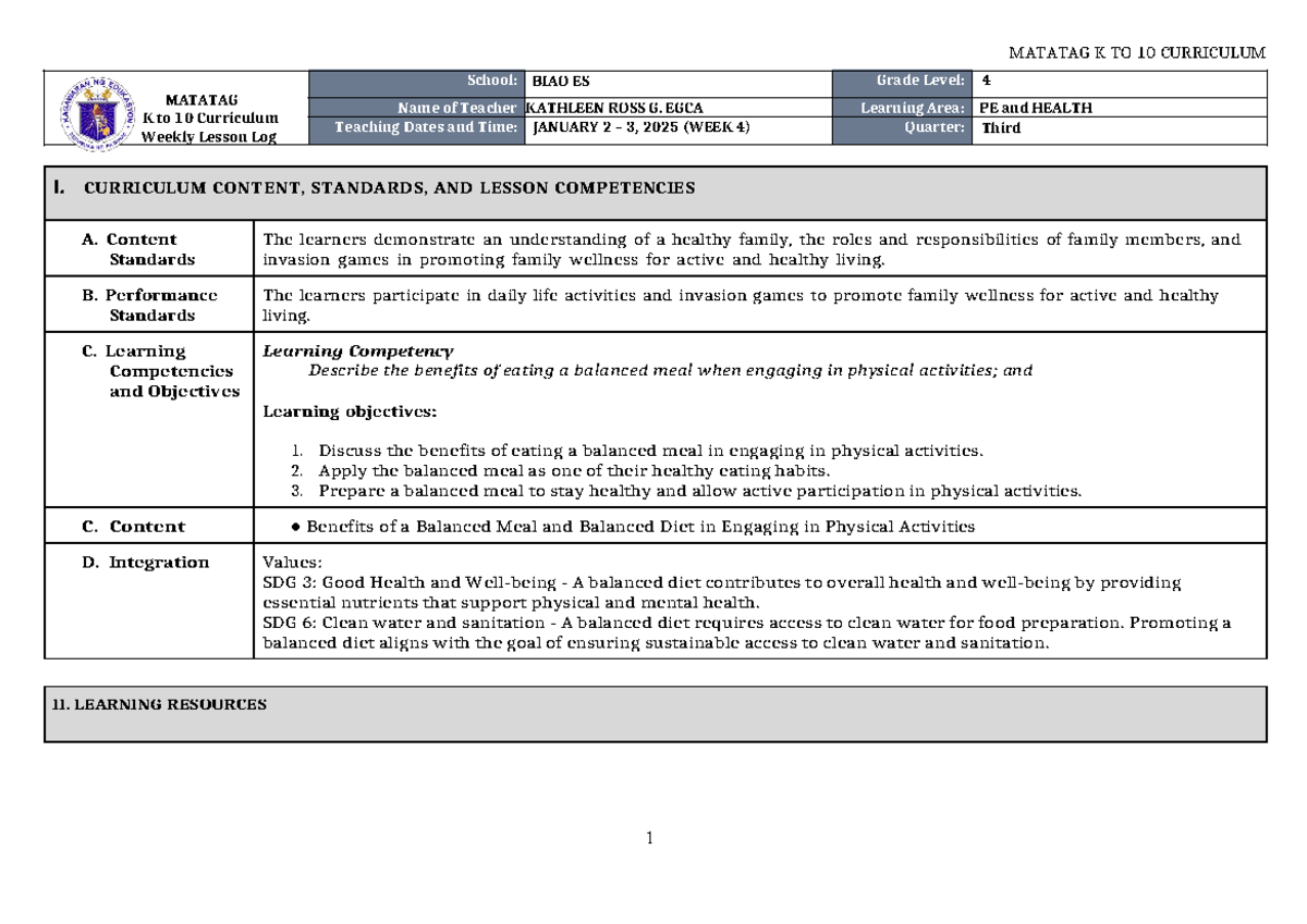 DLL Matatag PE & Health 4 Q3 W4 - MATATAG K to 10 Curriculum Weekly ...