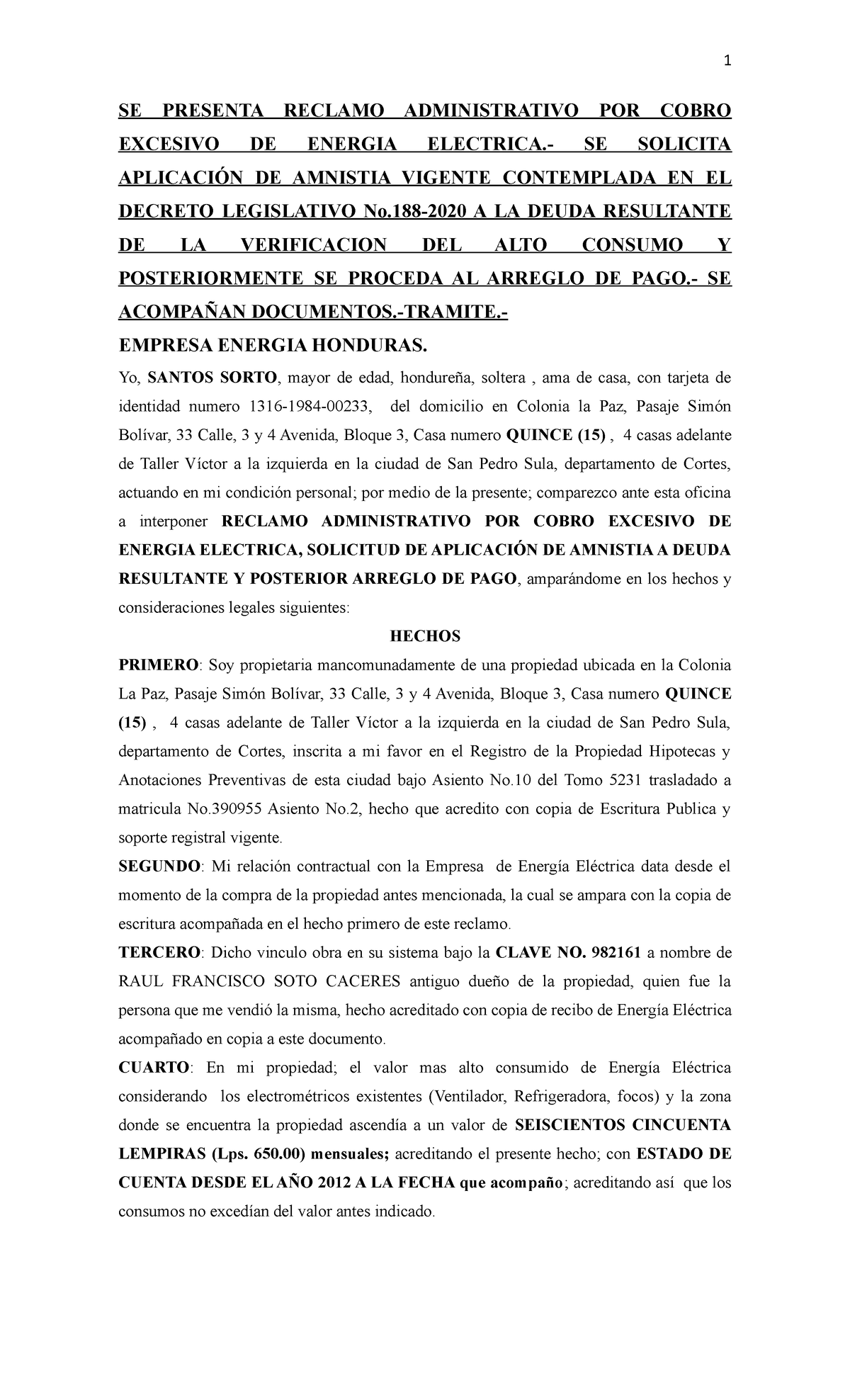Reclamo Administrativo por Cobro Excesivo de Energía Eléctrica - EEH ...