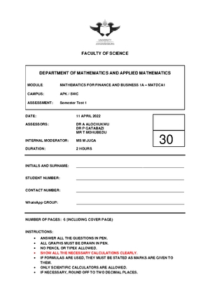 MATDCA1 - UJ - Mathematics for Finance and Business - Studocu