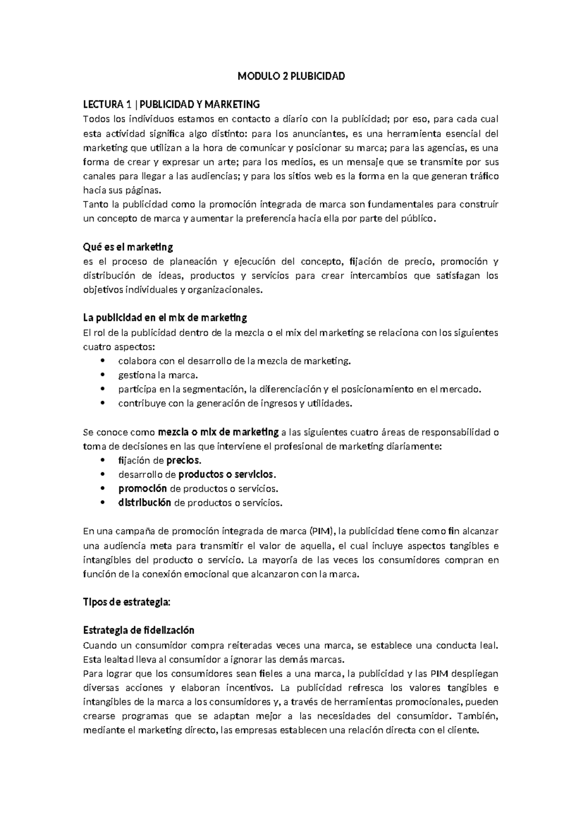 Módulo 2: Resumen de Publicidad y Marketing - Lectura 1 y 2 - Studocu