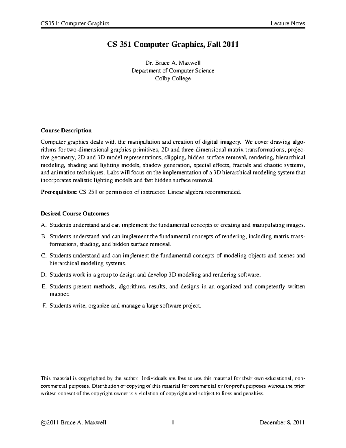 CS351: Computer Graphics Fall 2011 Lecture Notes - Studocu