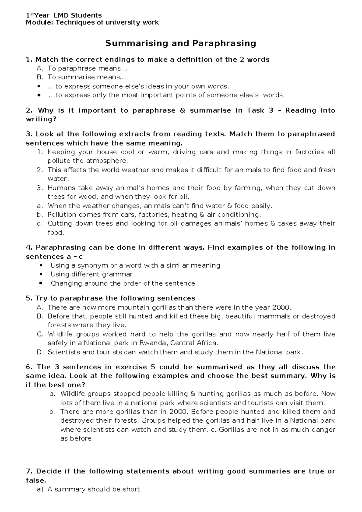 Exercises Summarising and paraphrasing docx - 1 stYear LMD Students ...