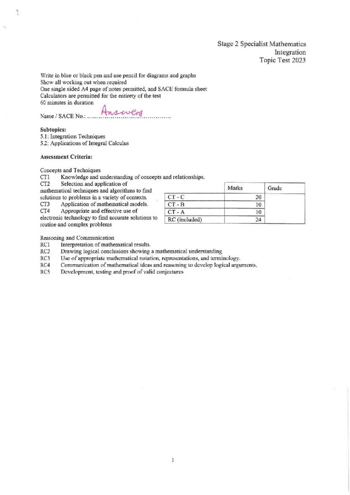 2023 Stage 2 Specialist Mathematics Integration Topic Test Solutions ...