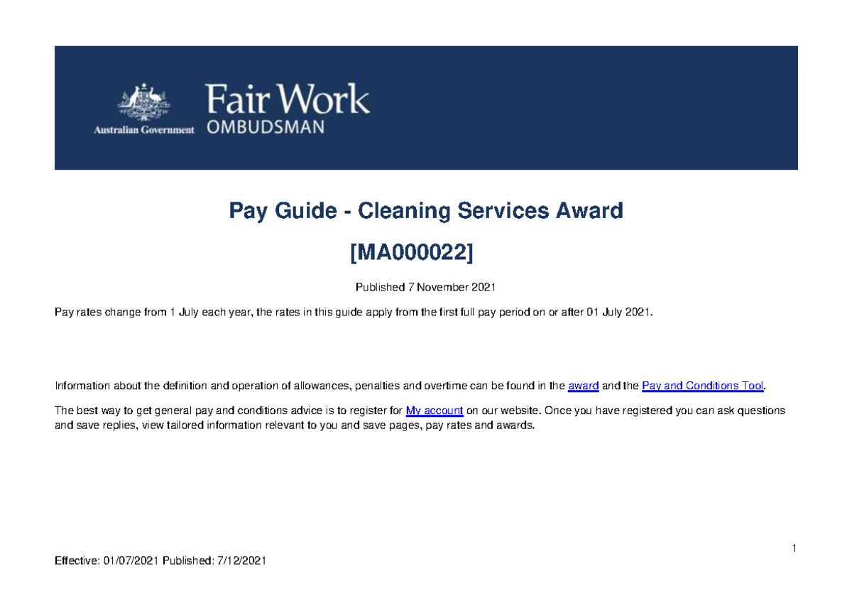 Cleaning Services Award Pay Guide [MA000022] - Updated Rates - Studocu