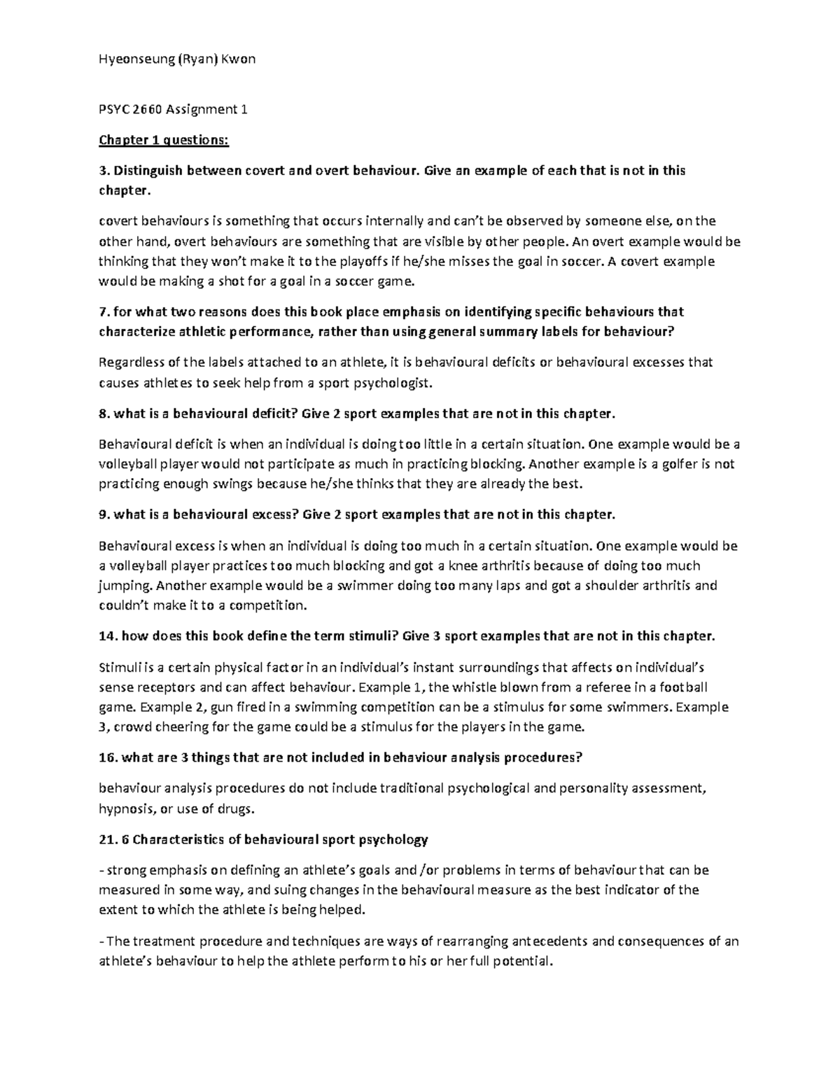 PSYC 2660 Assignment 1: Chapter 1 & 2 Questions on Behavioral ...